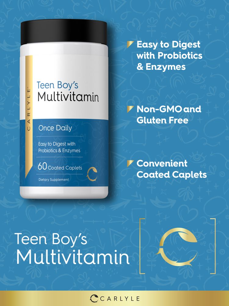 Product highlights graphic stating Easy to Digest with Probiotics & Enzymes, Non-GMO and Gluten Free, Convenient Coated Caplets