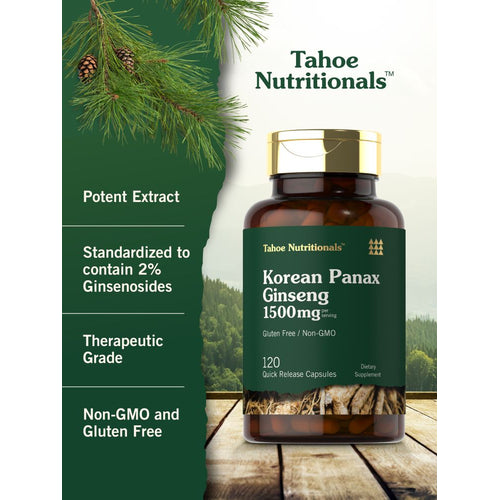 View 4 A hand holds Korean Panax Ginseng 1500mg, 120 quick-release capsules, on a scale.