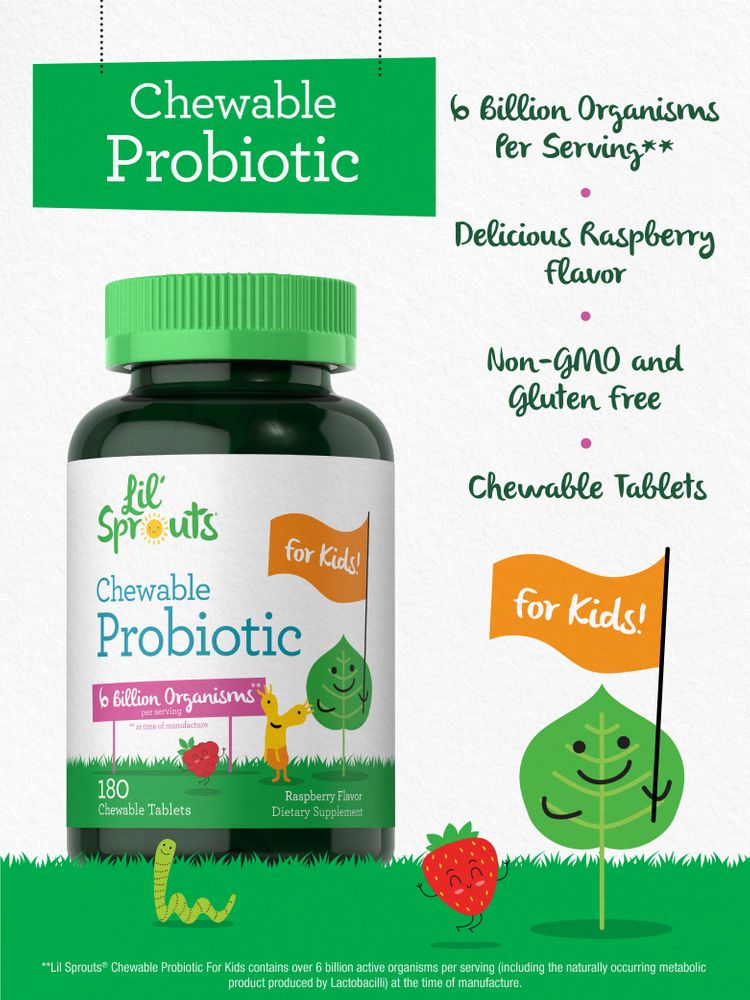 Product highlights graphic stating 6 Billion Organisms Per Serving**, Delicious Raspberry Flavor, Non-GMO and Gluten free, Chewable Tablets.
