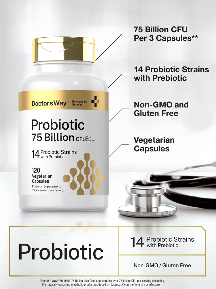 Product highlights graphic stating 75 Billion CFU Per 3 Capsules, 14 Probiotic Strains with Prebiotic, Non-GMO, Gluten Free, Veg Capsules.