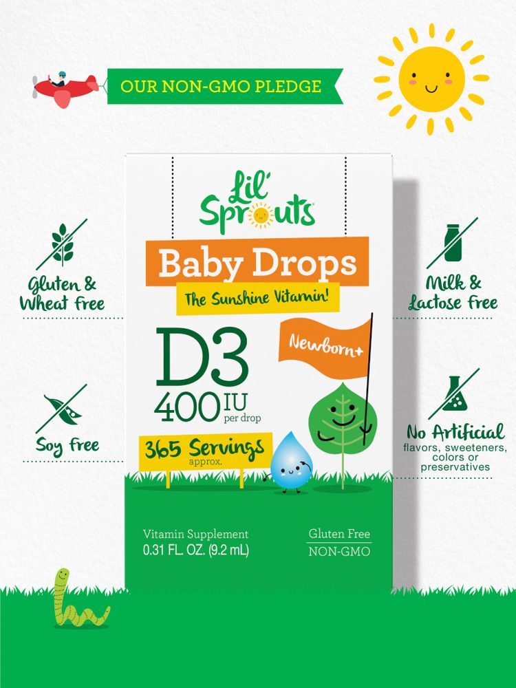 Baby Drops box: Gluten & Wheat Free, Milk & Lactose Free, Soy Free, No Artificial Flavors/Sweeteners/Colors/Preservatives, NON-GMO