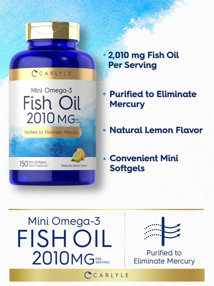 A hand holding a bottle of Mini Omega-3 Fish Oil 2010 MG, containing 150 mini softgels.