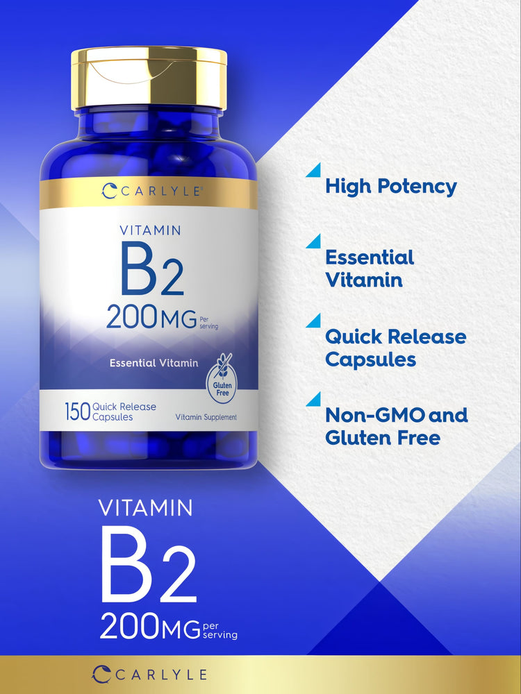 Bottle of Vitamin B2 200MG containing 150 quick release capsules.
