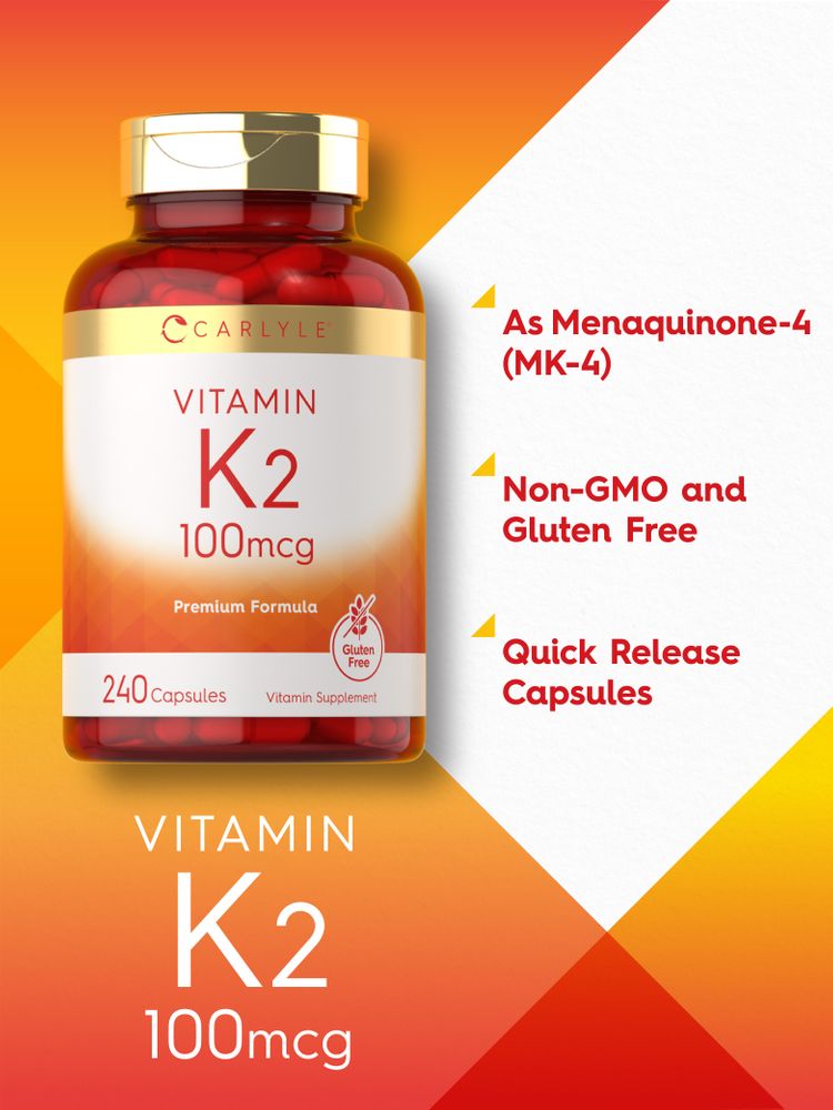 Carlyle K2 (MK4) 100 mcg bottle containing 240 red capsules.