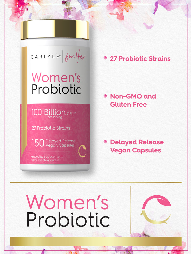 Women's Probiotic with 100 Billion CFU, 27 strains, and 150 delayed-release vegan capsules.