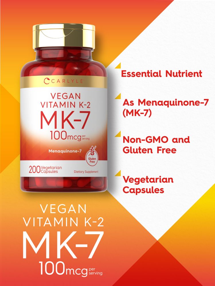 Carlyle Vegan Vitamin K-2 MK-7 supplement with 100mcg per serving, 200 vegetarian capsules in bulk scale.