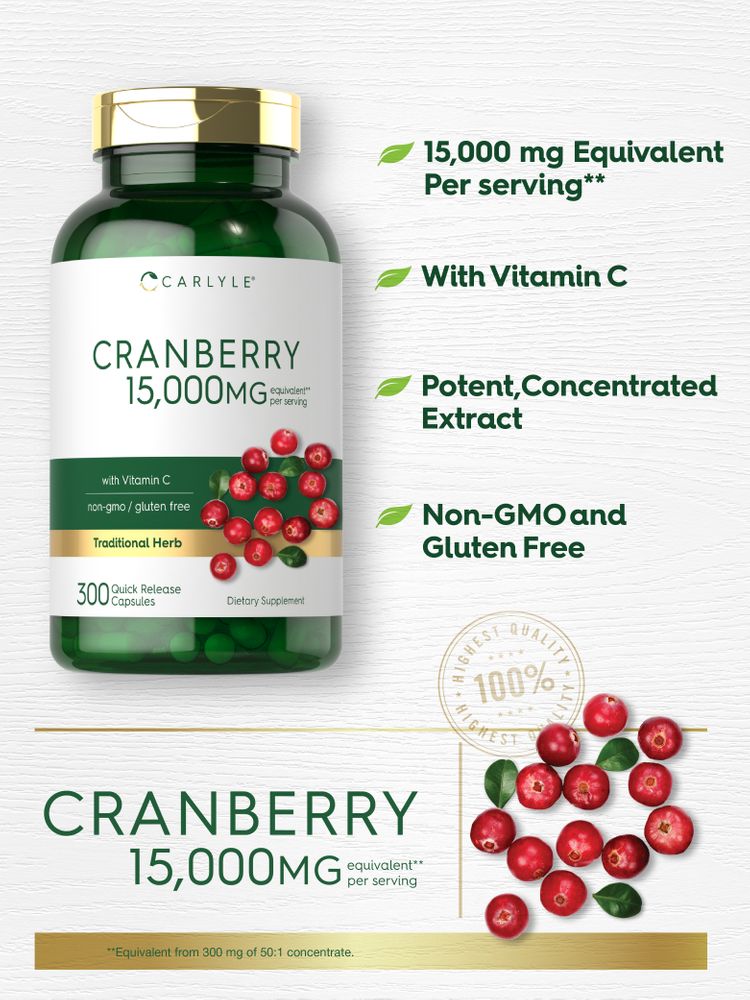Cranberry 15,000 mg quick release capsules, 300 count, shown on a hand scale.