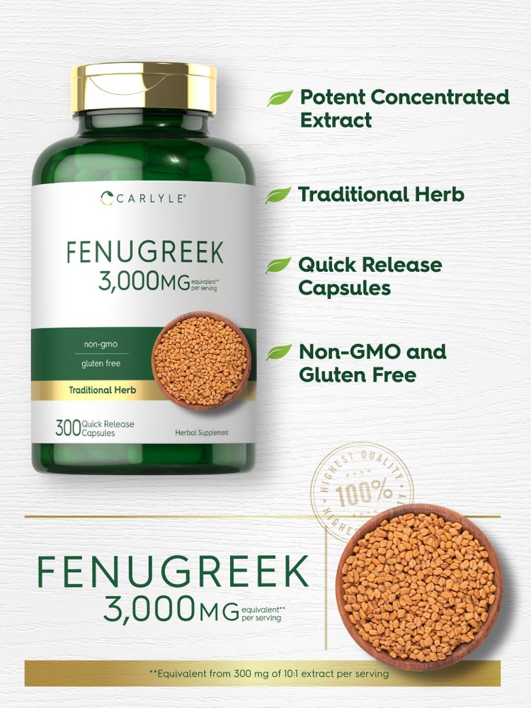 A bowl of fenugreek seeds and text showing 3,000MG equivalent from 300 mg of 10:1 extract per serving.