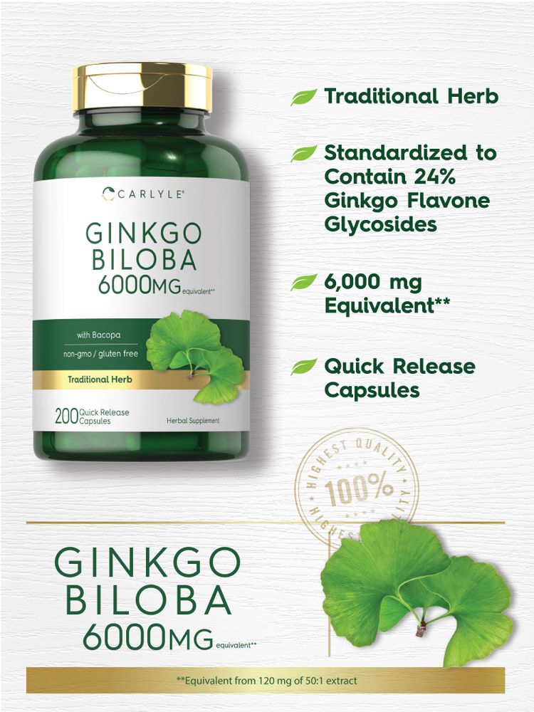 Hand holding a bottle of Carlyle Ginkgo Biloba 6000 mg, 200 quick release capsules, showing product size and scale.