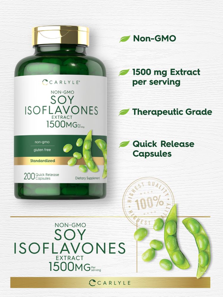 Carlyle Soy Isoflavones Extract, 1500 mg, 200 quick-release capsules held to show size.