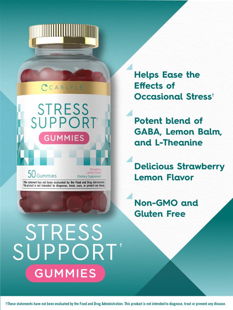 A bottle of Carlyle Stress Support Gummies with 50 red gummies inside.