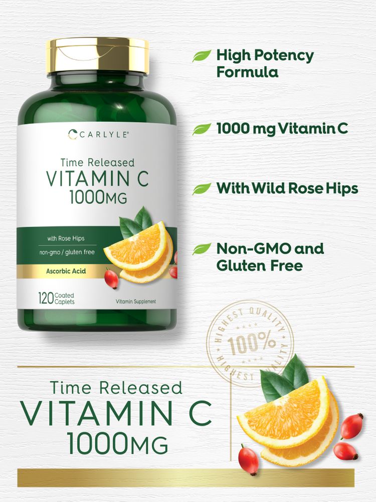 120 coated caplets of time-released Vitamin C 1000mg with rose hips.