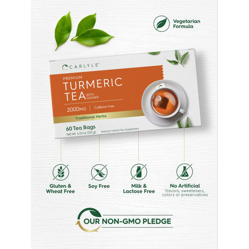 View 4 Turmeric Tea: Vegetarian Formula, Gluten & Wheat Free, Soy Free, Milk & Lactose Free, No Artificial Flavors/Sweeteners/Colors/Preservatives, Non-GMO
