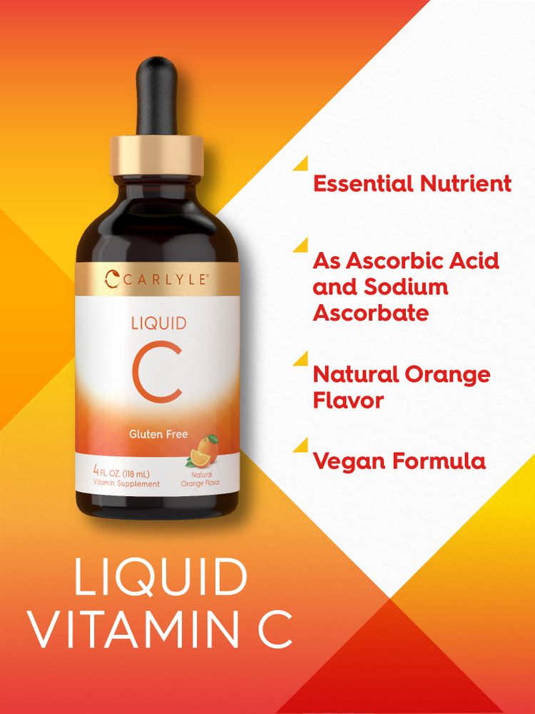 Carlyle Liquid C, 4 fl oz (118 mL) vitamin supplement in Natural Orange Flavor, gluten-free, vegan formula.