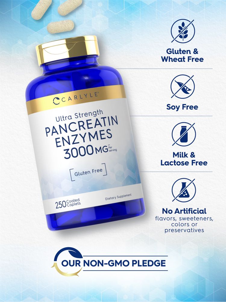 Hand holding white coated Carlyle Pancreatin Digestive Enzymes 3000mg caplets.