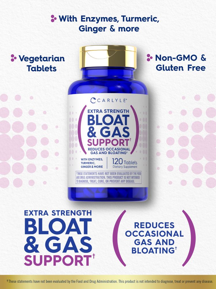 Carlyle Bloat & Gas Support: 120 tablets with enzymes, turmeric, ginger; vegetarian, non-GMO, and gluten-free formula.