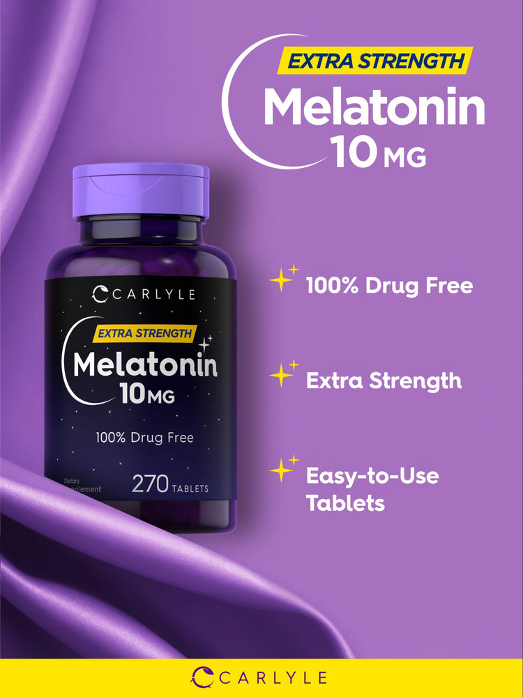 A hand holding a bottle of Melatonin 10 mg tablets, displaying the label and quantity in bulk scale packaging for sleep support.