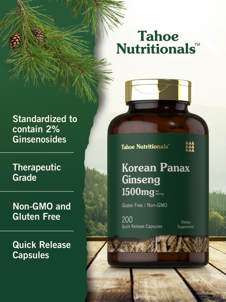 Tahoe Nutritionals Korean Panax Ginseng, 1500mg per serving, 200 quick release capsules on a bulk scale.