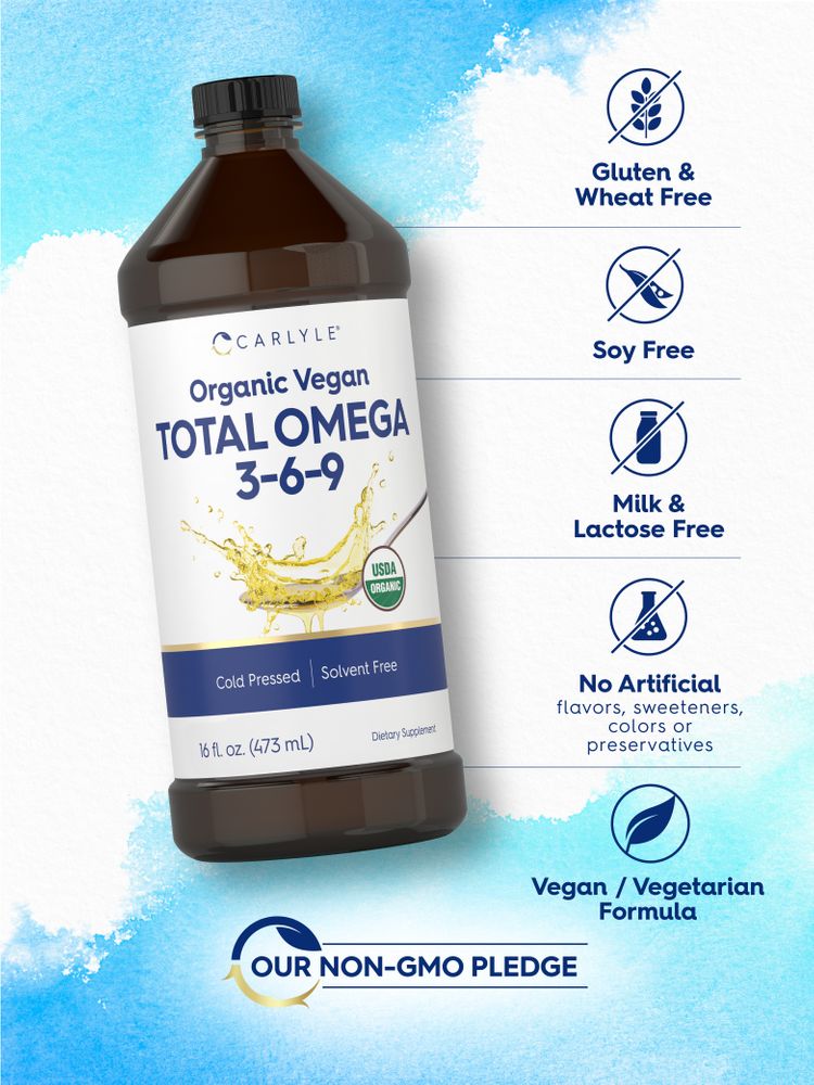 Omega 3 6 9 bottle: Gluten & Wheat Free, Soy Free, Milk & Lactose Free, No Artificial Flavors/Sweeteners/Colors/Preservatives, Vegan/Vegetarian, Non-GMO