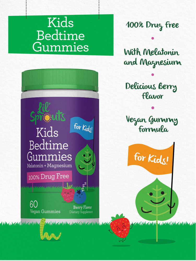 Lil' Sprouts Kids Bedtime Gummies with Melatonin and Magnesium, 100% Drug Free, 60 Vegan Berry Flavor Gummies for Kids.