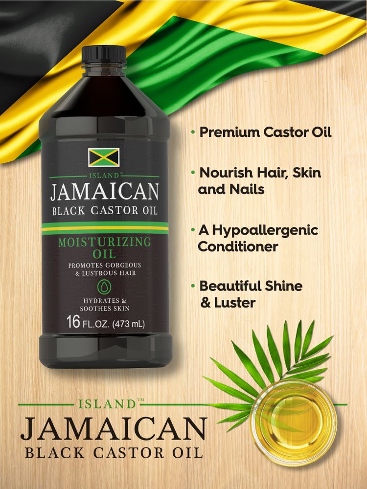 Product highlights graphic stating Premium Castor Oil, Nourish Hair, Skin and Nails, A Hypoallergenic Conditioner, Beautiful Shine & Luster