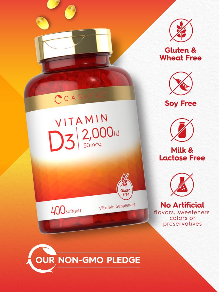 Yellow softgels, each containing Vitamin D3 2,000 IU (50mcg), from a bottle of 400, displayed in bulk.