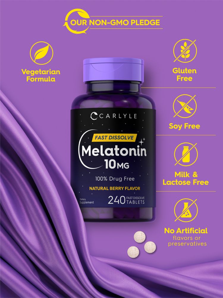Melatonin bottle: OUR NON-GMO PLEDGE, Vegetarian Formula, Gluten Free, Soy Free, Milk & Lactose Free, No Artificial flavors or preservatives.