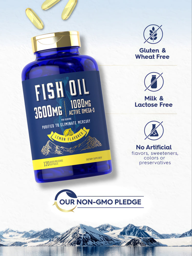 Carlyle Omega-3 Fish Oil bottle with 120 quick release softgels displayed on a hand scale.