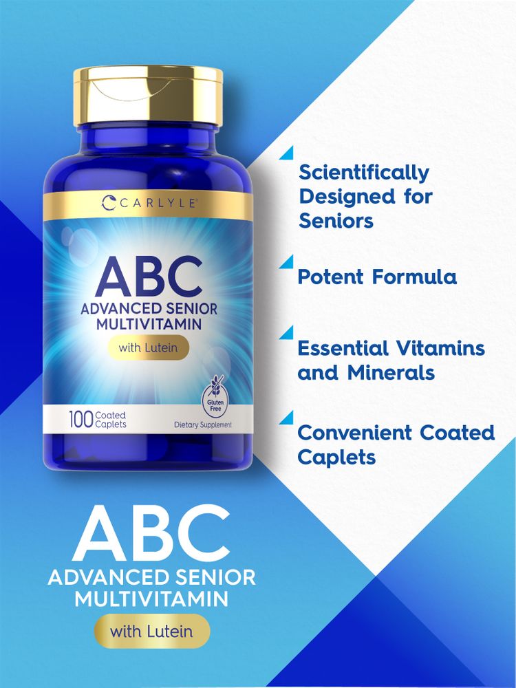 Carlyle ABC Advanced Senior Multivitamin with Lutein, includes 100 coated caplets.
