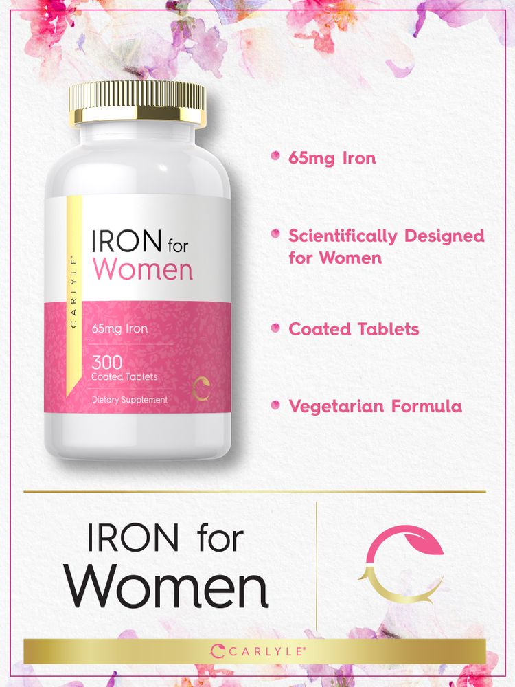 A hand holds a scale displaying 65mg iron coated tablets, emphasizing the amount per serving for dietary supplement needs.