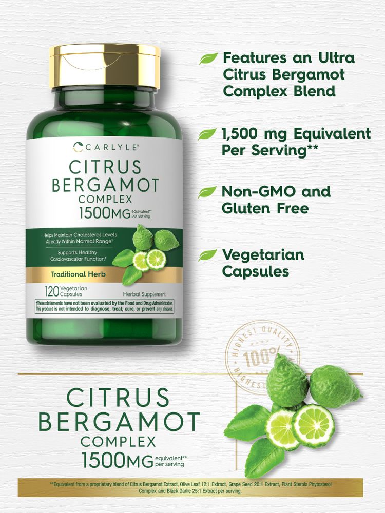 120 green Vegetarian Capsules, equivalent to 1500mg Citrus Bergamot Complex per serving, on a bulk scale.
