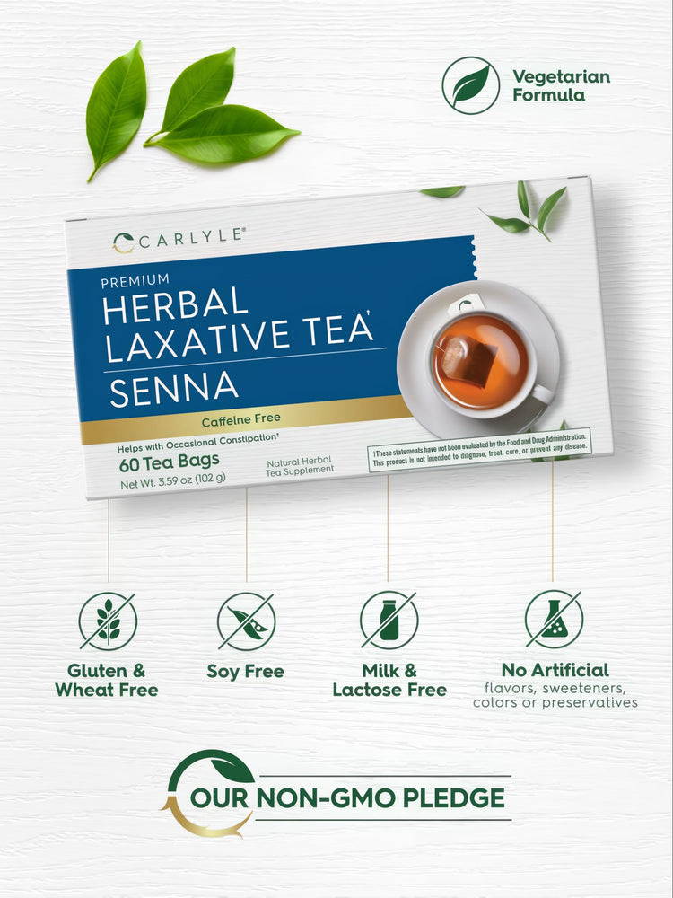 Box of 60 herbal laxative tea bags for natural relief.