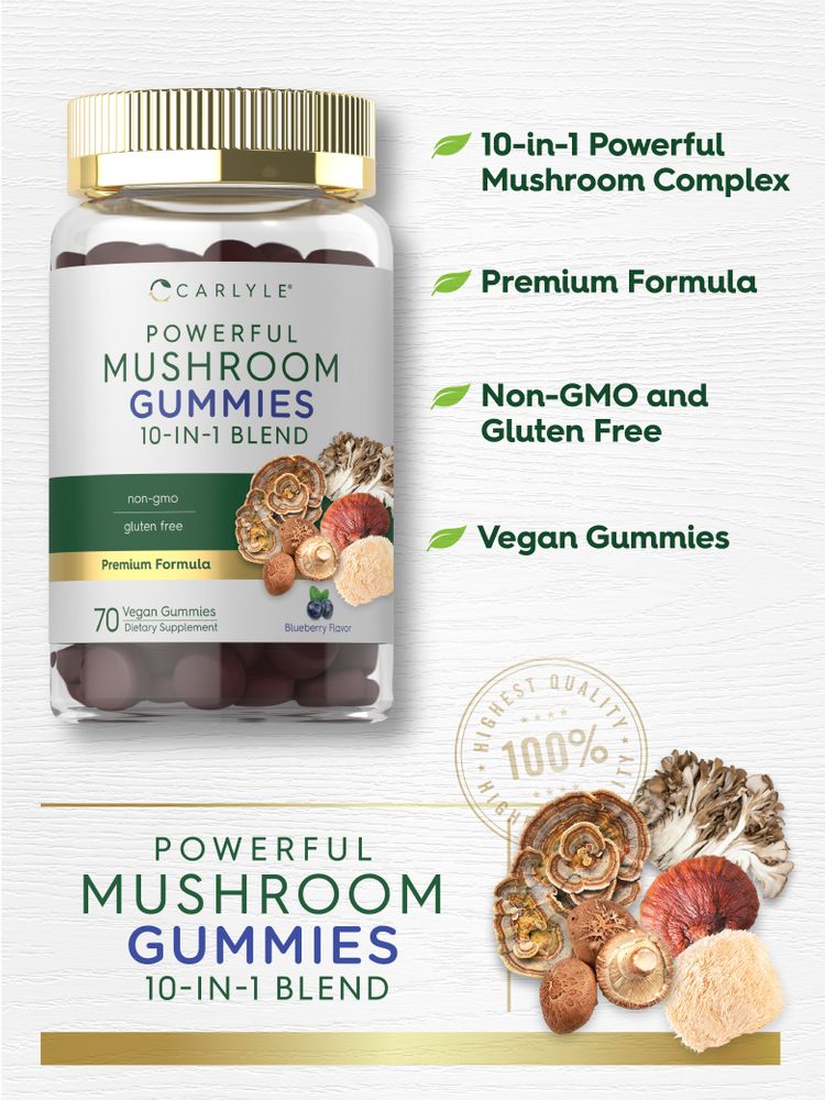 Carlyle Powerful Mushroom Gummies in a hand scale display, 70 vegan blueberry-flavored 10-in-1 blend.