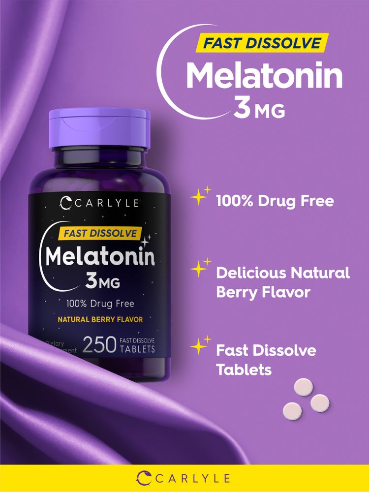 Image of three round white melatonin tablets, 3mg each, designed for fast dissolution.