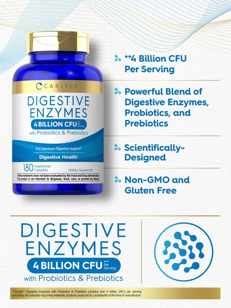 Carlyle Digestive Enzymes with Probiotics, 180 Vegetarian Capsules, 4 Billion CFU per Serving, on a hand scale.