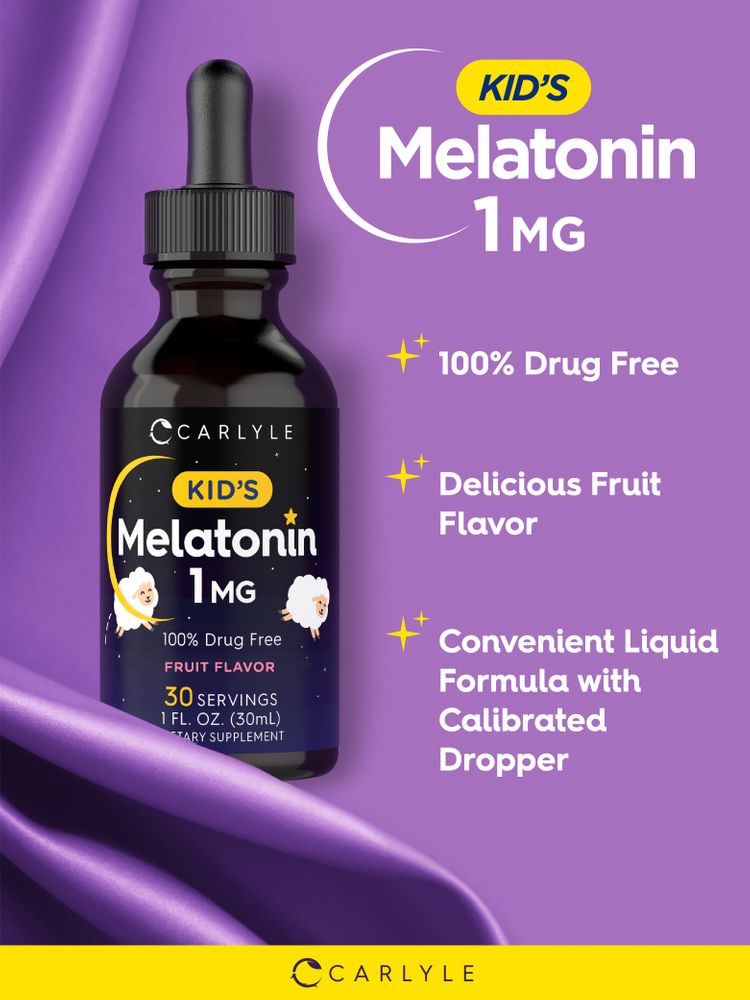 Hand holding Carlyle Kids Melatonin 1 mg, 1 fl oz (30mL) bottle, demonstrating product size and scale for consumer understanding.