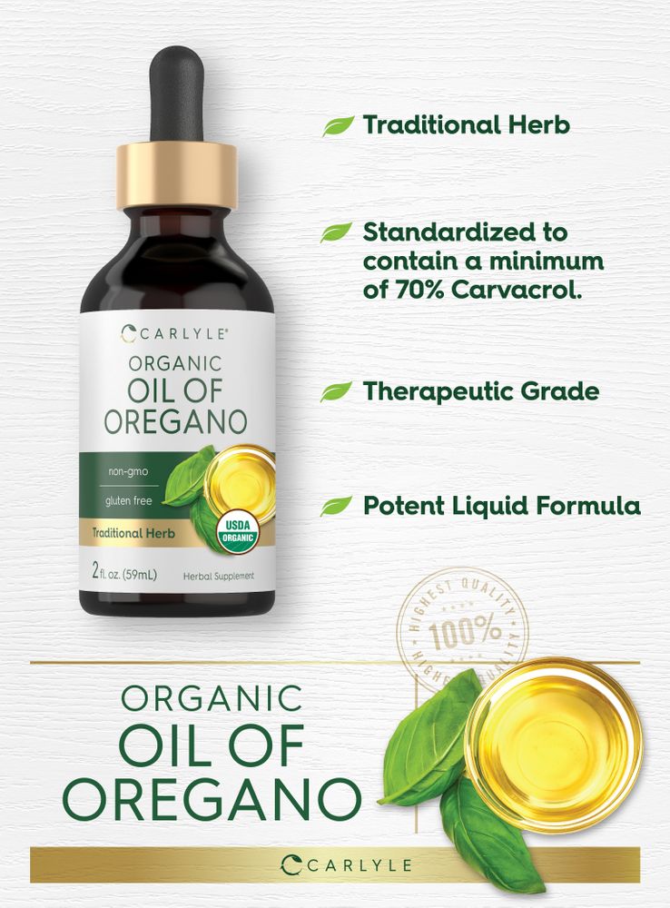 Organic Oil of Oregano liquid in a 2 fl. oz. (59mL) dropper bottle on a bulk scale.