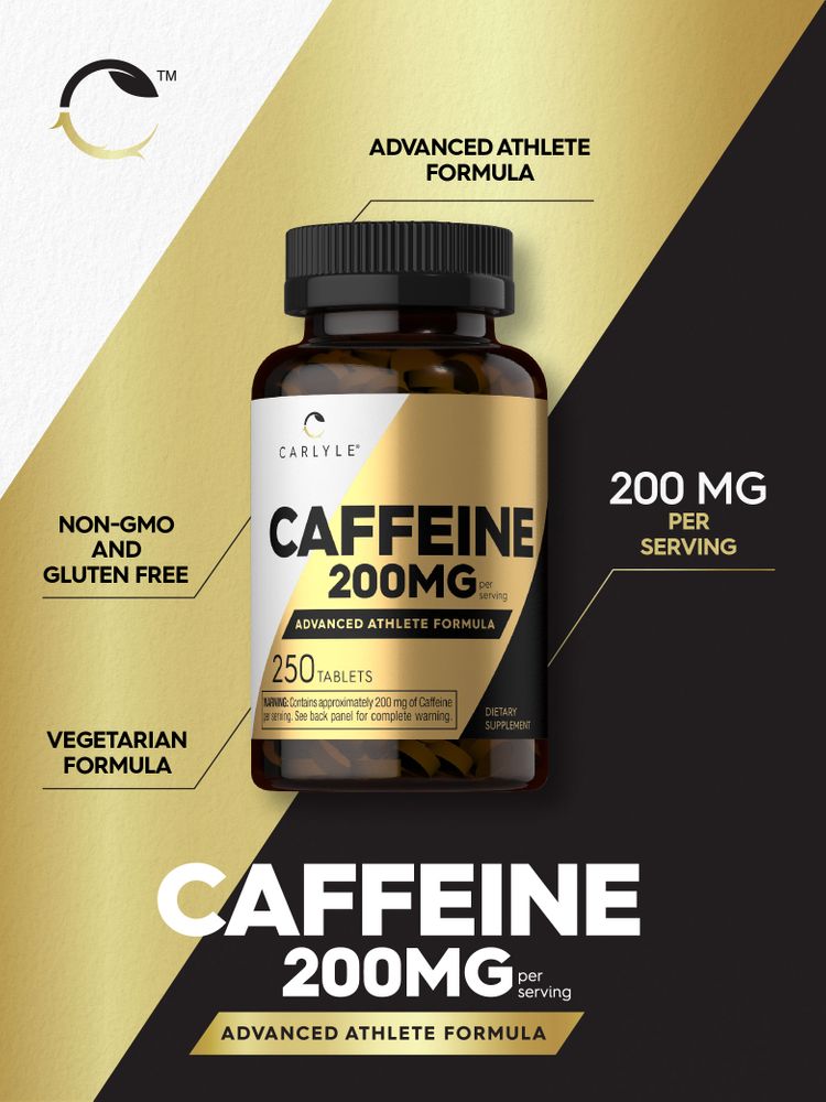 Carlyle Caffeine 200mg tablets, 250 count, are shown on a hand-scale for bulk measurement.