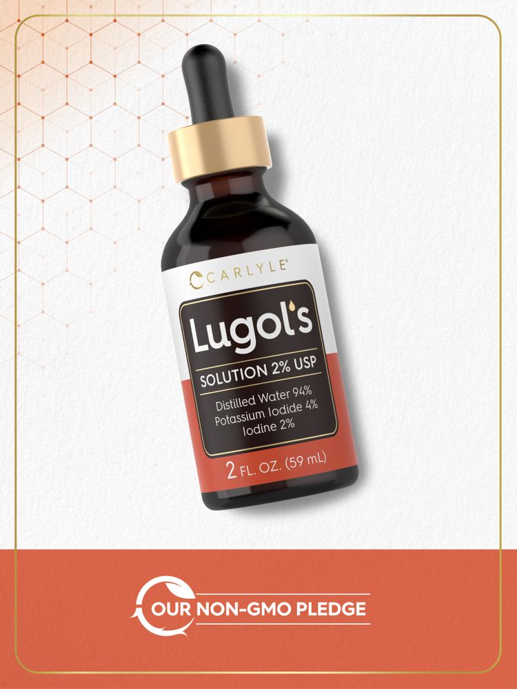 Lugol's Solution 2% USP in a 2 FL. OZ. (59 mL) dropper bottle, displayed on a hand for scale.