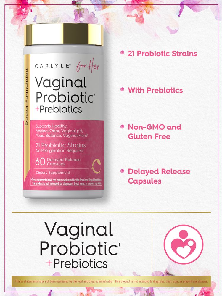 Carlyle for Her Vaginal Probiotic + Prebiotics, 60 delayed release capsules shown on a hand scale with pink background.