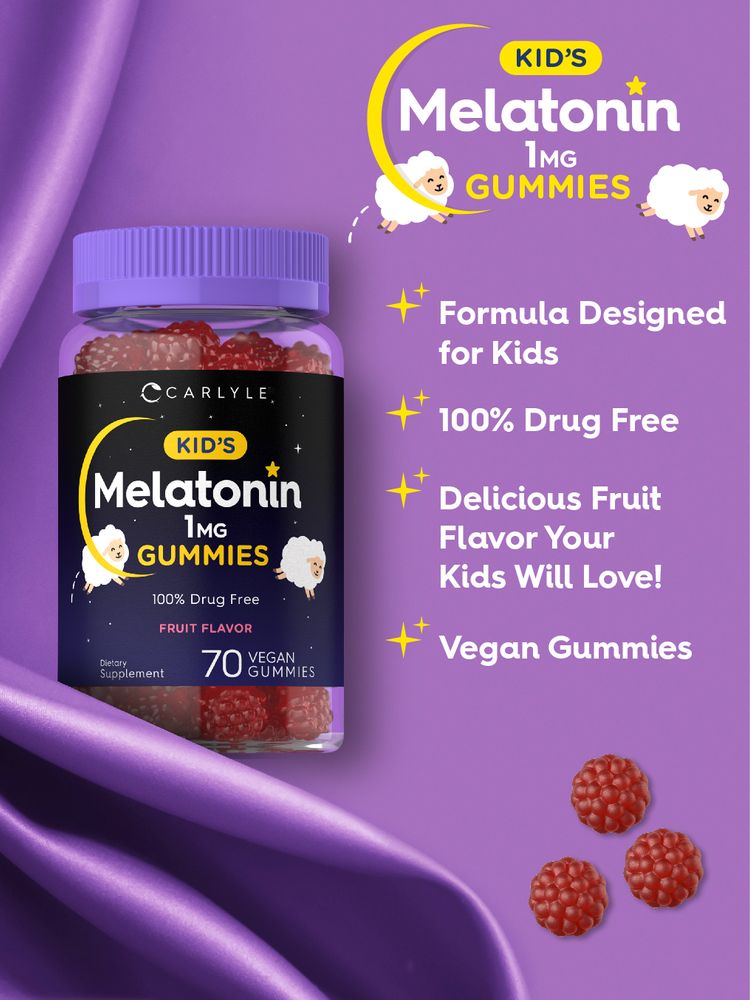 A hand holding a bottle of red raspberry-shaped 1MG Kids Melatonin Gummies, 70 count, illustrating the scale of the product.