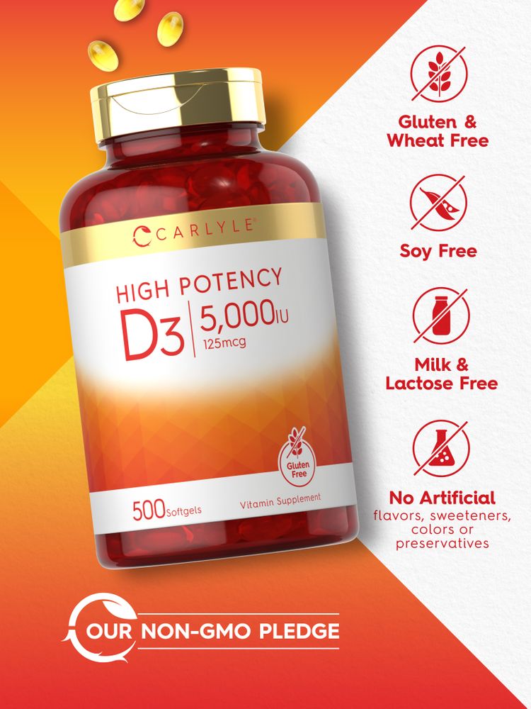 A bottle of yellow D3 5,000 IU (125mcg) softgels, 500 count, on a bulk scale.