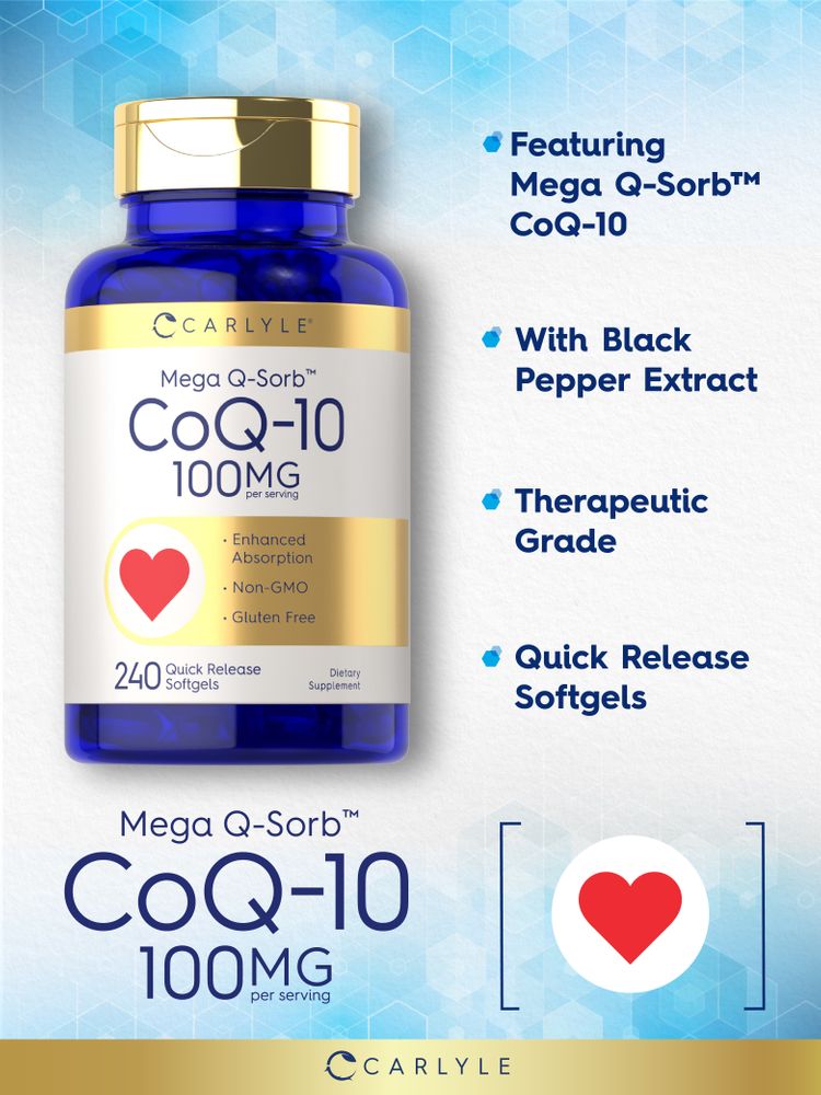 Product highlights graphic stating Featuring Mega Q-Sorb™ CoQ-10, With Black Pepper Extract, Therapeutic Grade, Quick Release Softgels