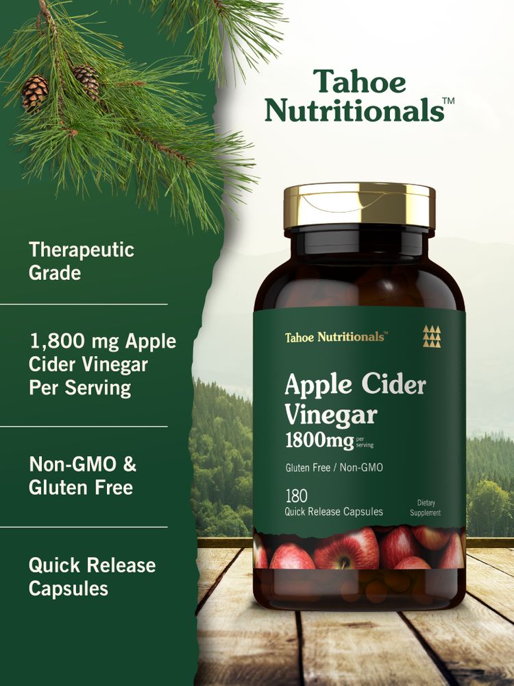 Hand holding a bottle of Apple Cider Vinegar 1800mg, featuring 180 quick release capsules.
