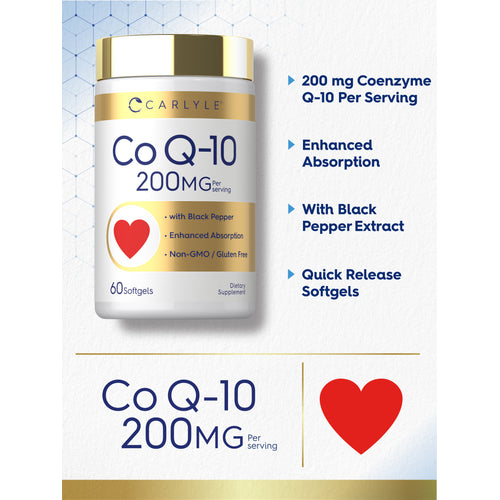 View 4 Product highlights graphic stating 200 mg Coenzyme Q-10 Per Serving, Enhanced Absorption, With Black Pepper Extract, Quick Release Softgels