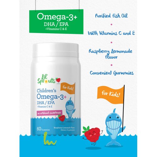 View 4 Lil' Sprouts Children's Omega-3 with DHA/EPA, Vitamins C & E, purified fish oil, raspberry lemonade flavor, 60 gummies.
