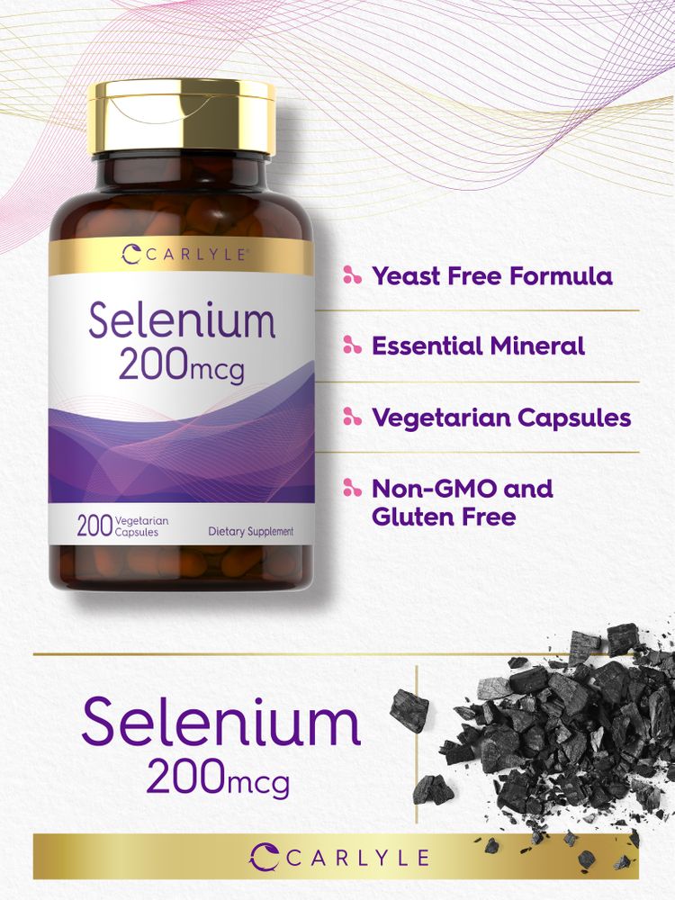 Carlyle Selenium 200mcg, 200 Vegetarian Capsules, beside a pile of black chunks.