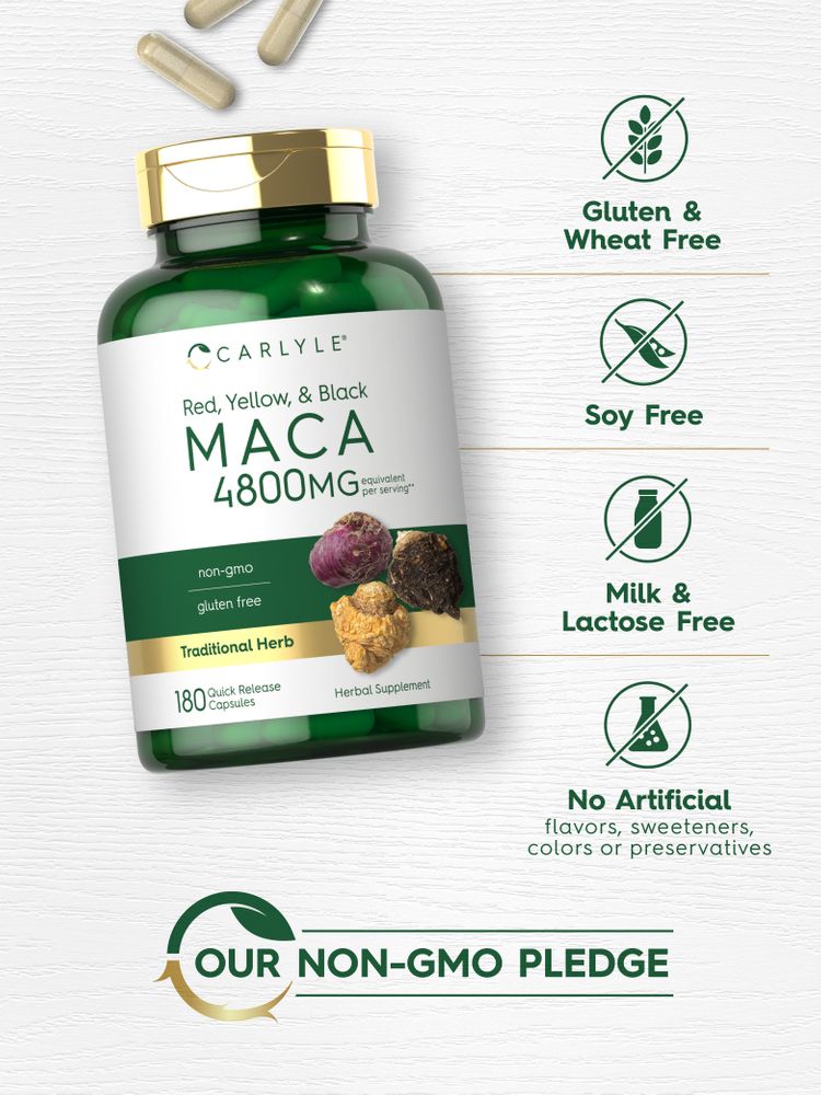Maca bottle: Gluten & Wheat Free, Soy Free, Milk & Lactose Free, No Artificial Flavors/Sweeteners/Colors/Preservatives, Non-GMO.