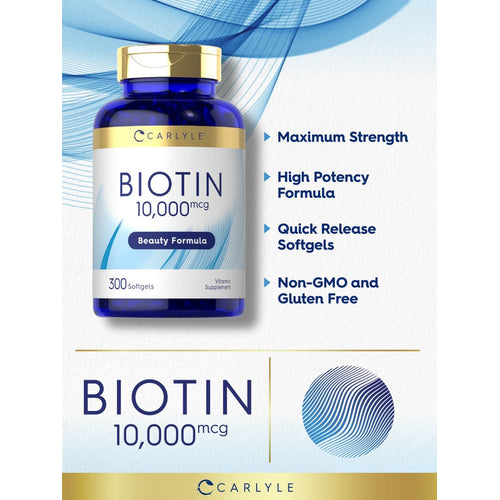 View 4 Carlyle Biotin 10,000 mcg supplement comes in a bulk package of 300 softgels, ideal for daily dietary support.