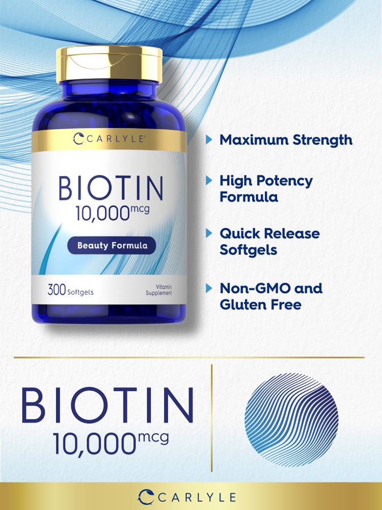 Carlyle Biotin 10,000 mcg supplement comes in a bulk package of 300 softgels, ideal for daily dietary support.